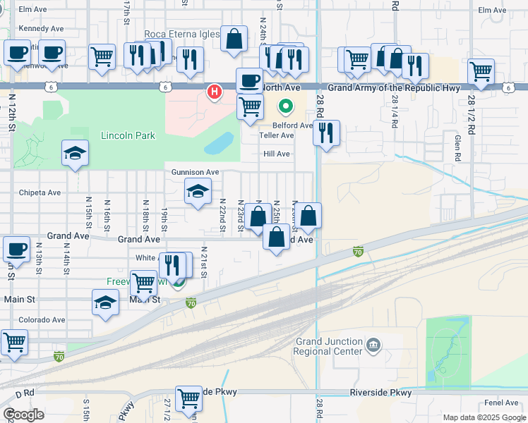 map of restaurants, bars, coffee shops, grocery stores, and more near 474 North 24th Street in Grand Junction