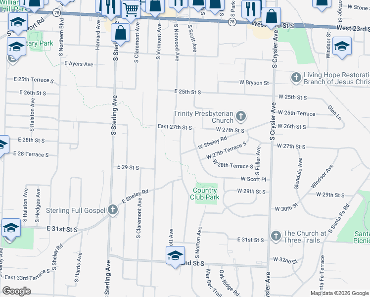 map of restaurants, bars, coffee shops, grocery stores, and more near 2708 South Scott Avenue in Independence