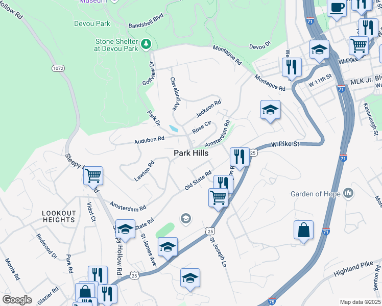 map of restaurants, bars, coffee shops, grocery stores, and more near in Park Hills