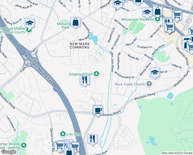 map of restaurants, bars, coffee shops, grocery stores, and more near 800 Monroe Street in Rockville
