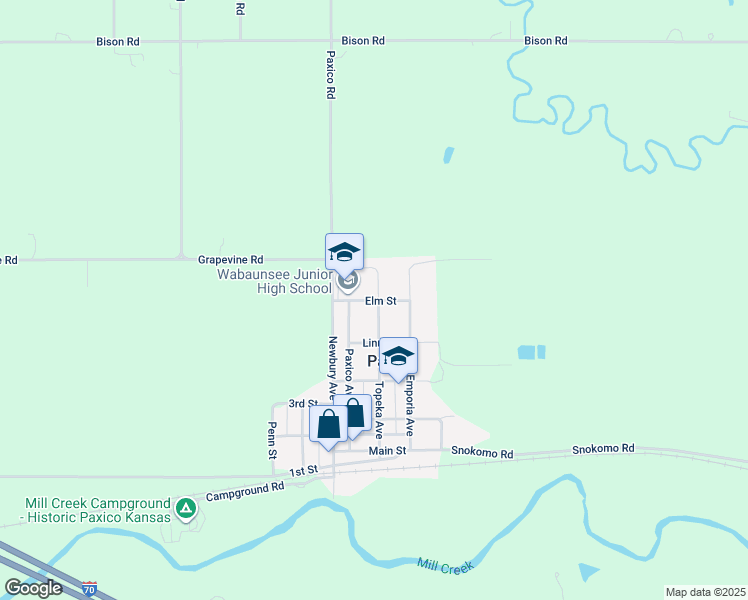 map of restaurants, bars, coffee shops, grocery stores, and more near Elm Street in Paxico