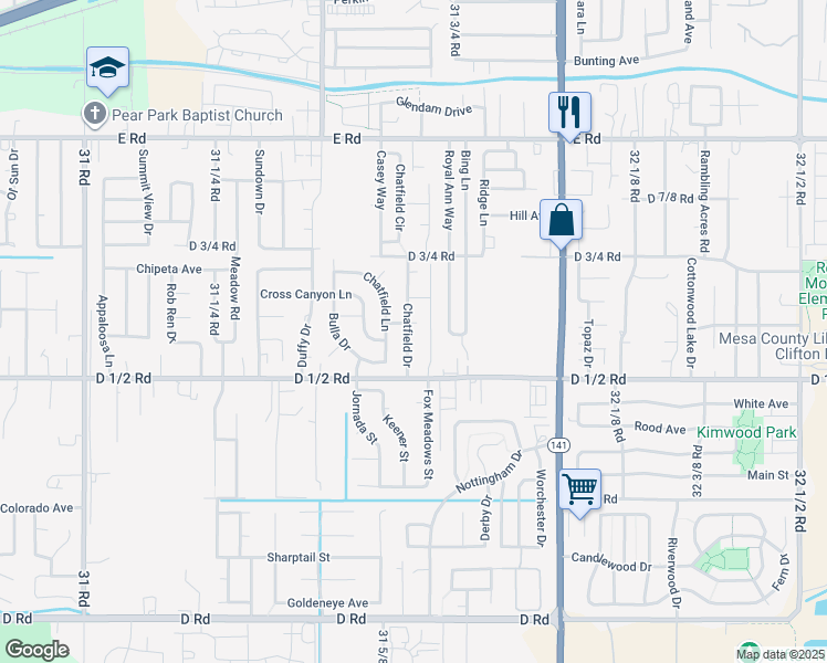 map of restaurants, bars, coffee shops, grocery stores, and more near 3165 Klover Lee Court in Grand Junction