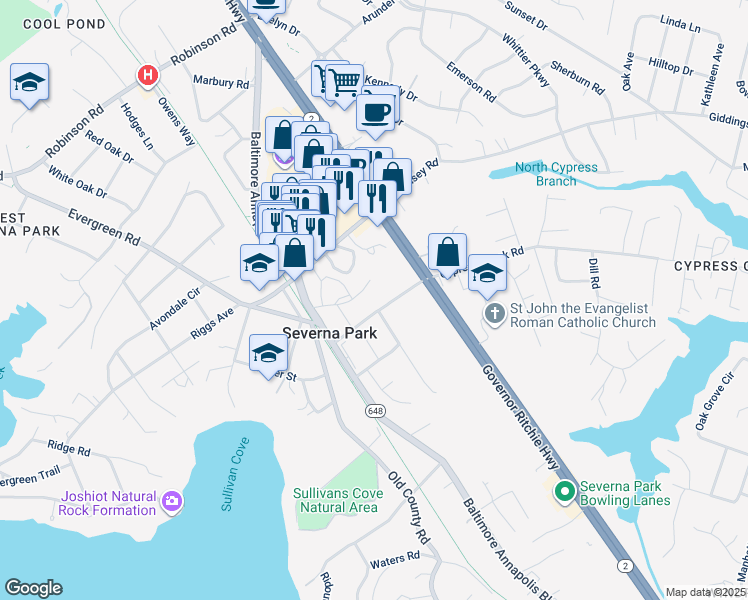 map of restaurants, bars, coffee shops, grocery stores, and more near 8 Cypress Creek Road in Severna Park