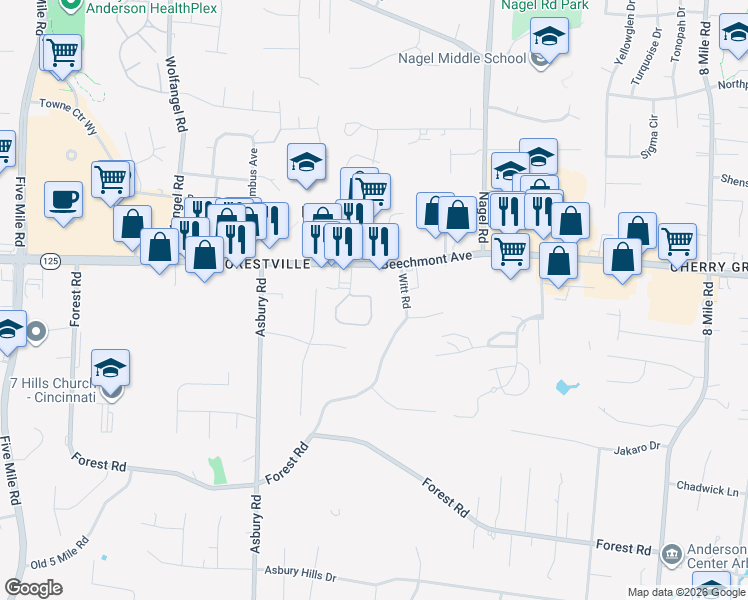 map of restaurants, bars, coffee shops, grocery stores, and more near 7885 Beechmont Avenue in Cincinnati