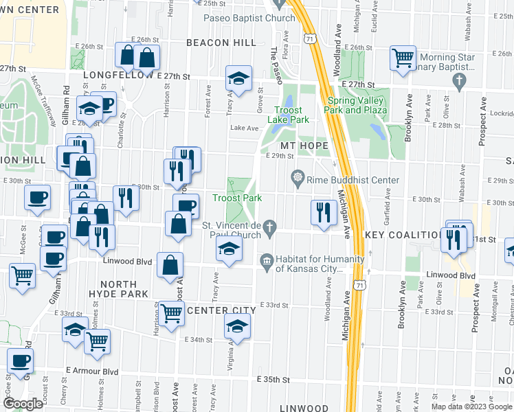 map of restaurants, bars, coffee shops, grocery stores, and more near 3000 Flora Avenue in Kansas City