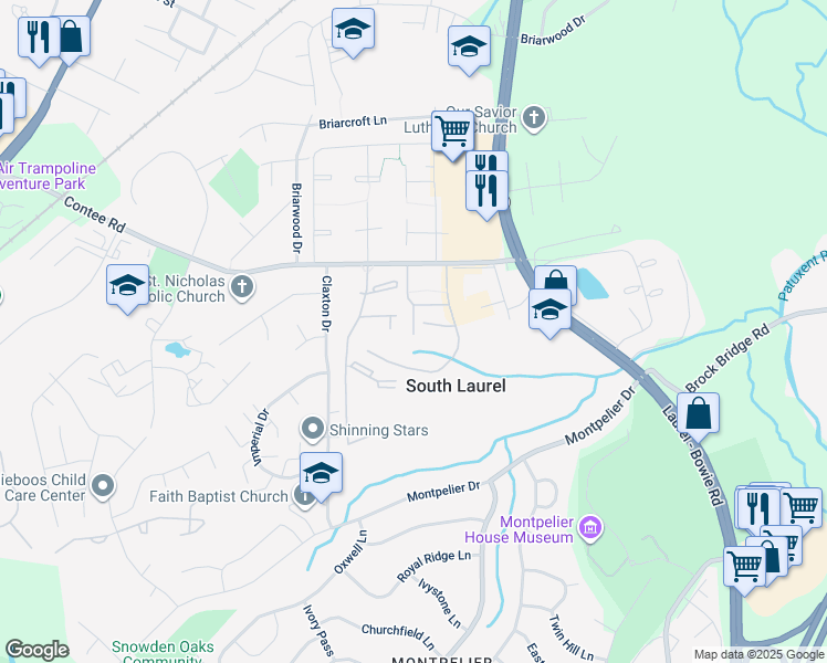 map of restaurants, bars, coffee shops, grocery stores, and more near 13202 Miles Court in Laurel