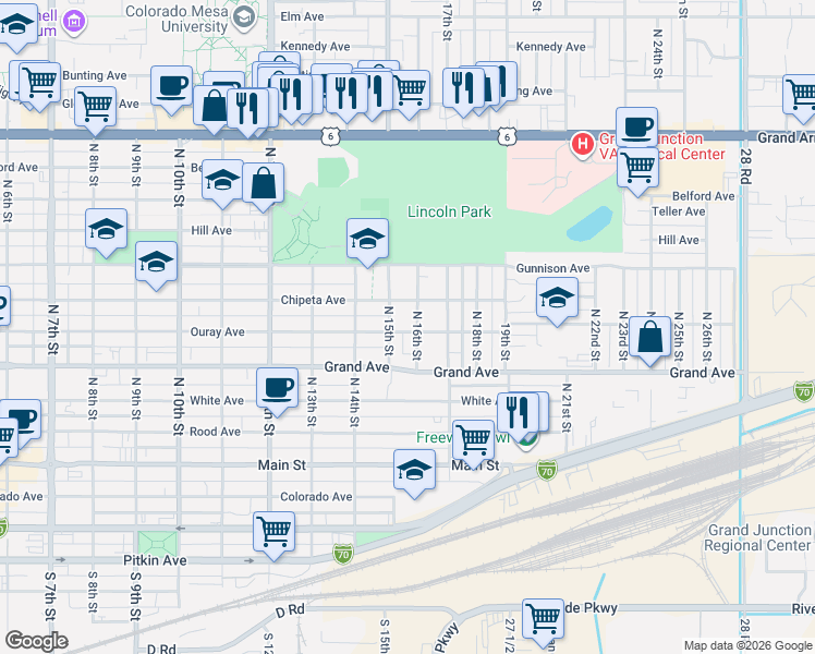 map of restaurants, bars, coffee shops, grocery stores, and more near 1505 Chipeta Avenue in Grand Junction