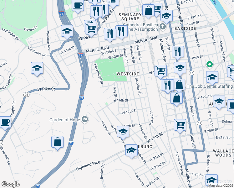 map of restaurants, bars, coffee shops, grocery stores, and more near 1523 Saint Clair Street in Covington