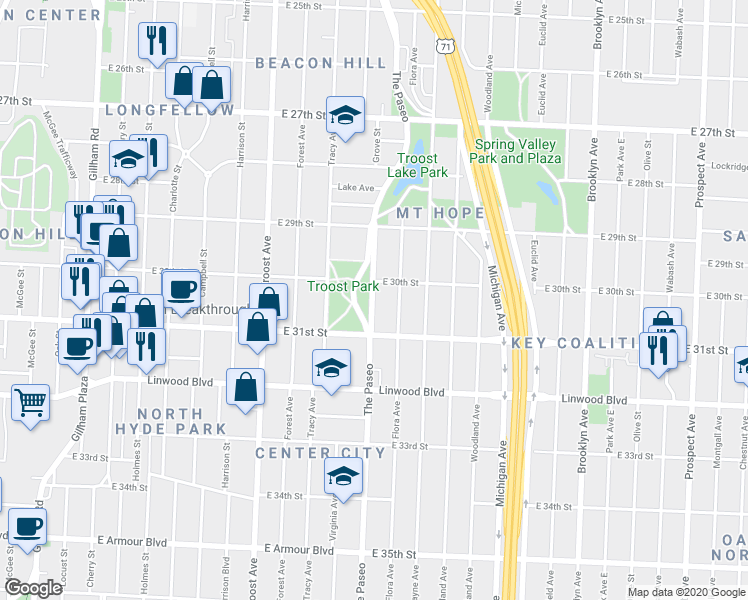 map of restaurants, bars, coffee shops, grocery stores, and more near 3033 Paseo Boulevard in Kansas City
