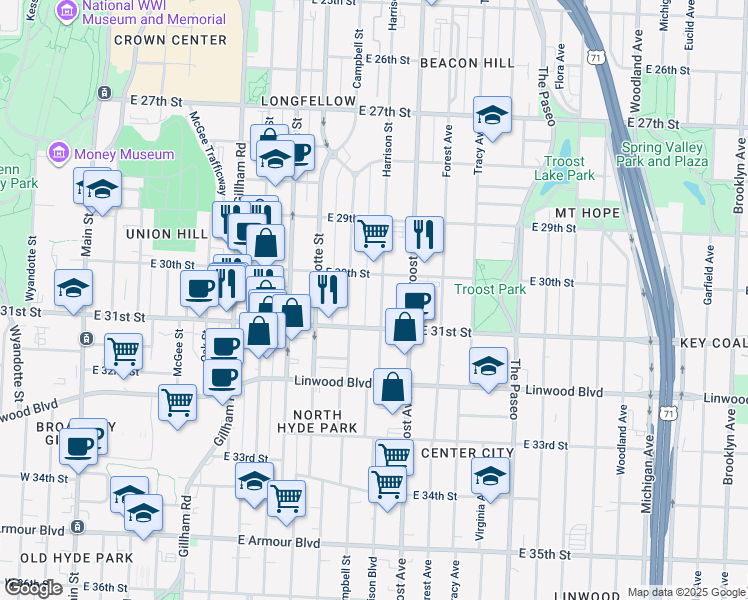 map of restaurants, bars, coffee shops, grocery stores, and more near 3007 Campbell Street in Kansas City