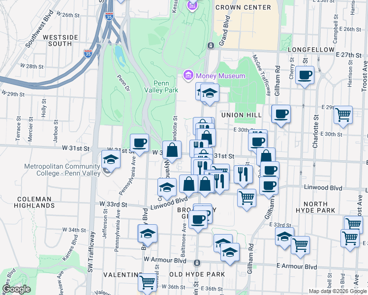 map of restaurants, bars, coffee shops, grocery stores, and more near 3030 Baltimore Avenue in Kansas City