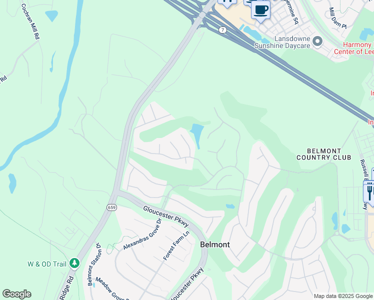 map of restaurants, bars, coffee shops, grocery stores, and more near 19677 Olympic Club Court in Ashburn