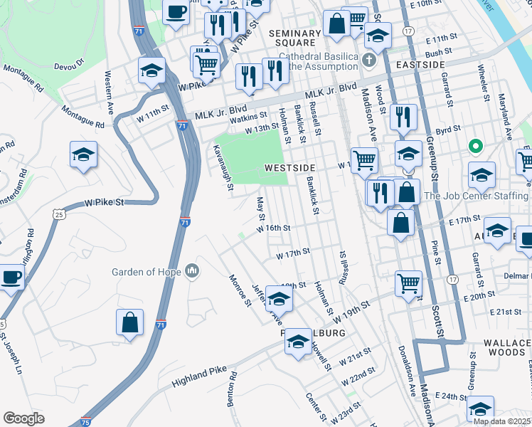 map of restaurants, bars, coffee shops, grocery stores, and more near 1523 Saint Clair Street in Covington