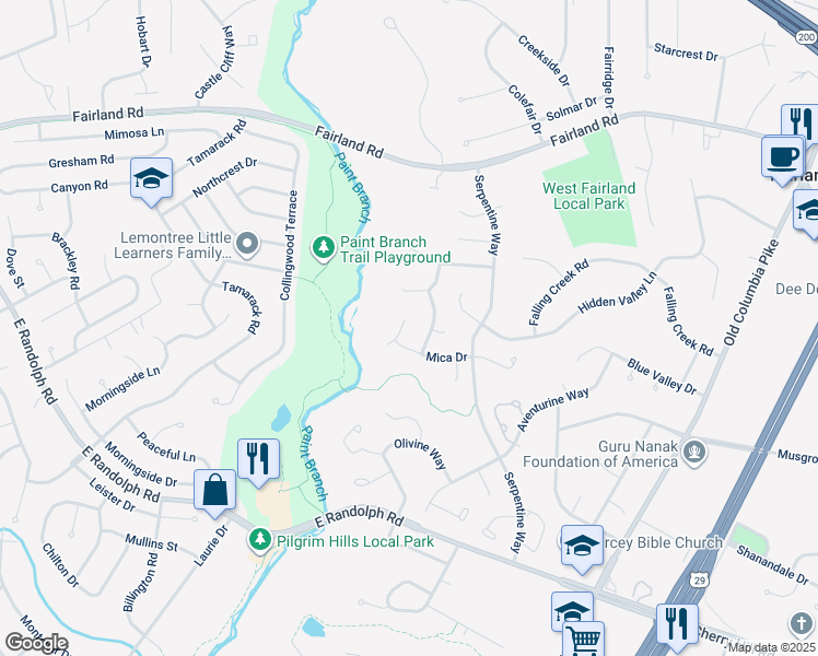 map of restaurants, bars, coffee shops, grocery stores, and more near 13109 Mica Court in Silver Spring