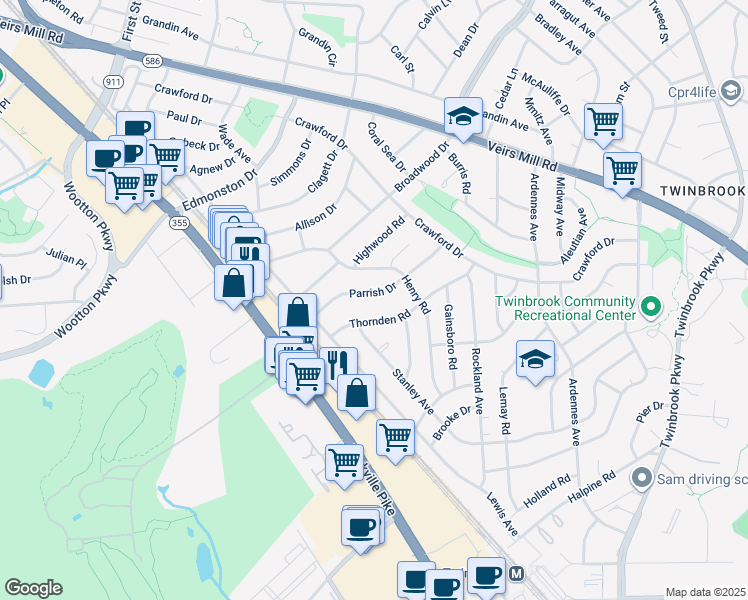 map of restaurants, bars, coffee shops, grocery stores, and more near 1123 Parrish Drive in Rockville