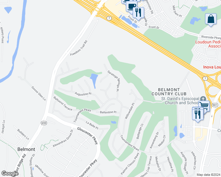 map of restaurants, bars, coffee shops, grocery stores, and more near 19676 Stanford Hall Place in Ashburn