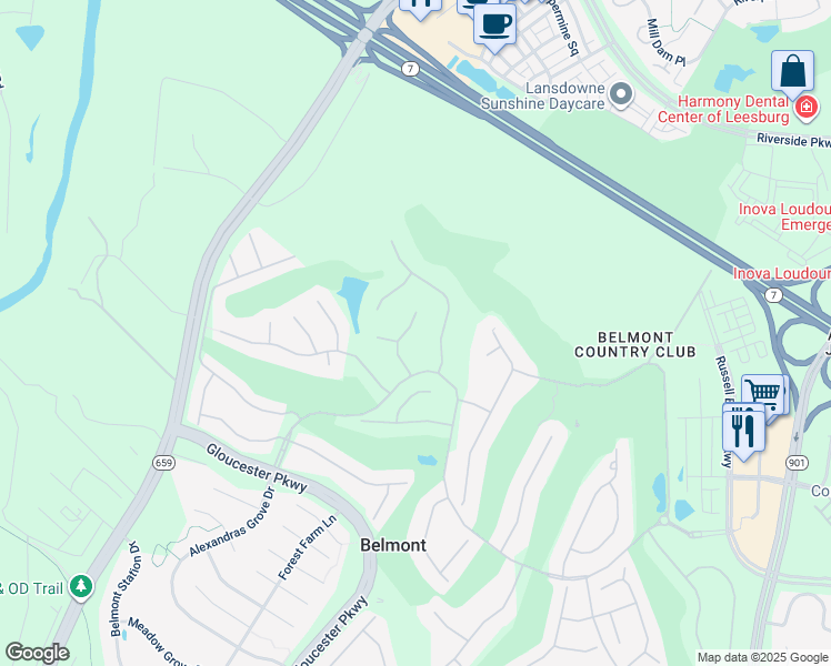 map of restaurants, bars, coffee shops, grocery stores, and more near 19676 Stanford Hall Place in Ashburn