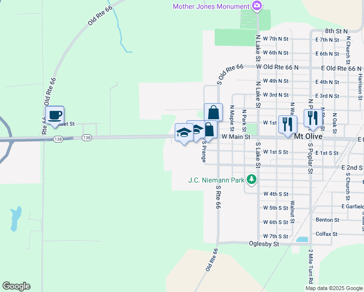 map of restaurants, bars, coffee shops, grocery stores, and more near 804 West Main Street in Mount Olive