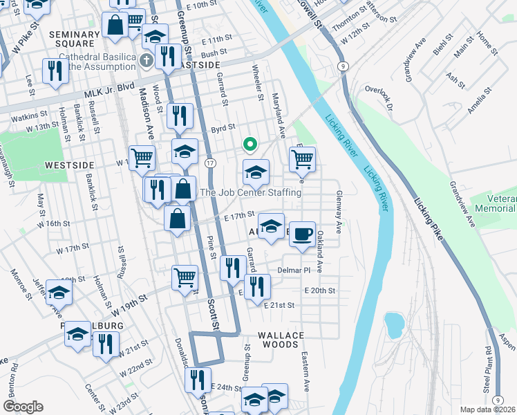 map of restaurants, bars, coffee shops, grocery stores, and more near 329 East 16th Street in Covington