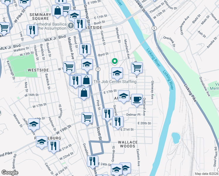 map of restaurants, bars, coffee shops, grocery stores, and more near 1600 Garrard Street in Covington