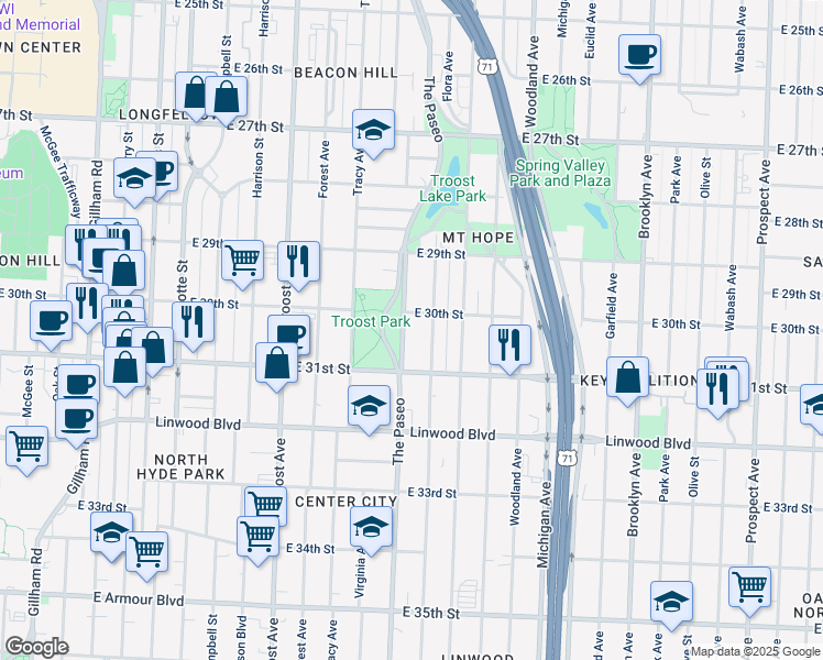 map of restaurants, bars, coffee shops, grocery stores, and more near 3000 Flora Avenue in Kansas City