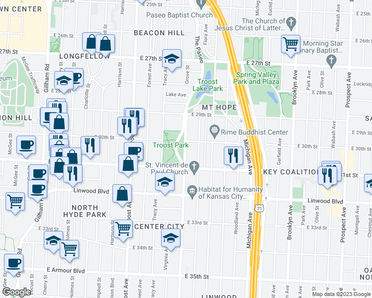 map of restaurants, bars, coffee shops, grocery stores, and more near 3025 Paseo Boulevard in Kansas City