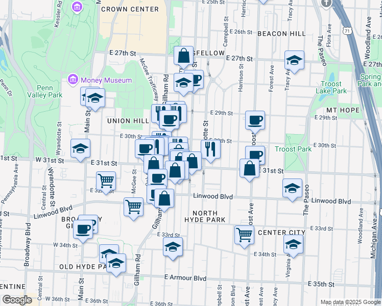 map of restaurants, bars, coffee shops, grocery stores, and more near 3009 Holmes Street in Kansas City