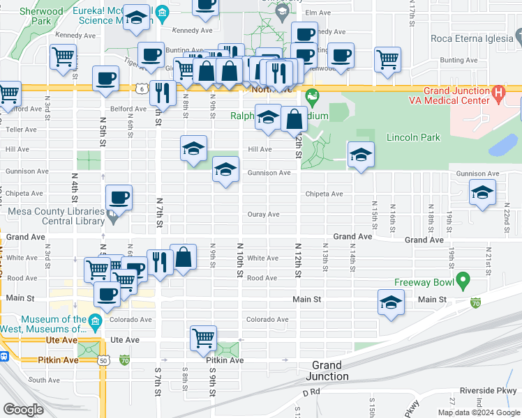 map of restaurants, bars, coffee shops, grocery stores, and more near 1050 Ouray Avenue in Grand Junction