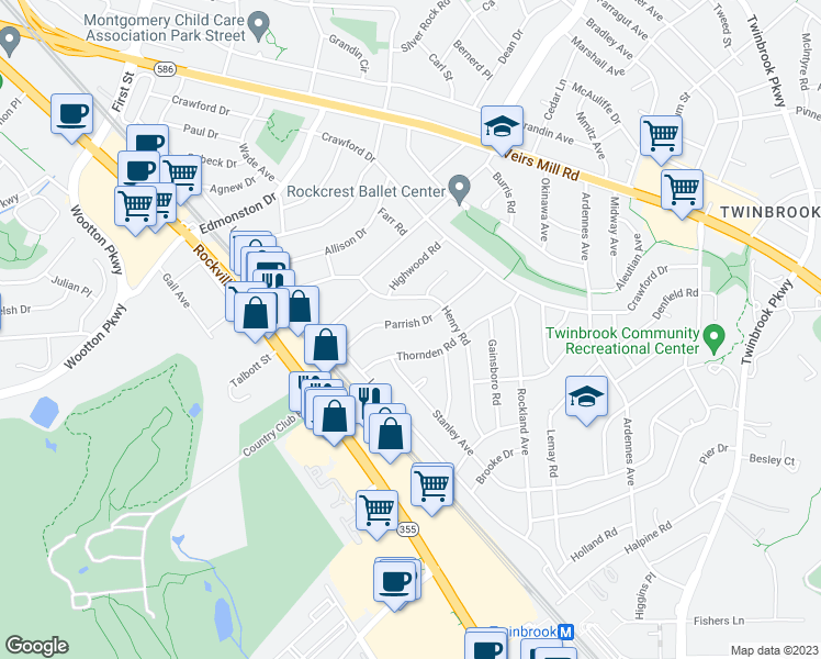 map of restaurants, bars, coffee shops, grocery stores, and more near 1123 Parrish Drive in Rockville