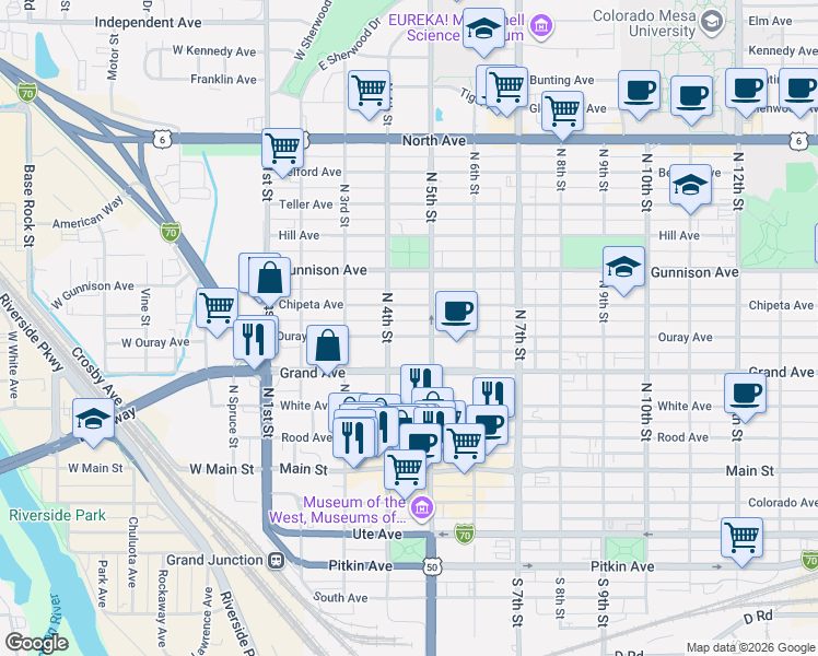 map of restaurants, bars, coffee shops, grocery stores, and more near 423 Chipeta Avenue in Grand Junction