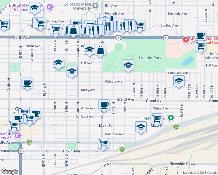 map of restaurants, bars, coffee shops, grocery stores, and more near 1236 Ouray Avenue in Grand Junction