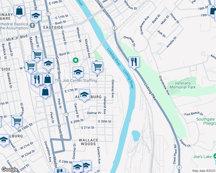map of restaurants, bars, coffee shops, grocery stores, and more near 608 East 17th Street in Covington