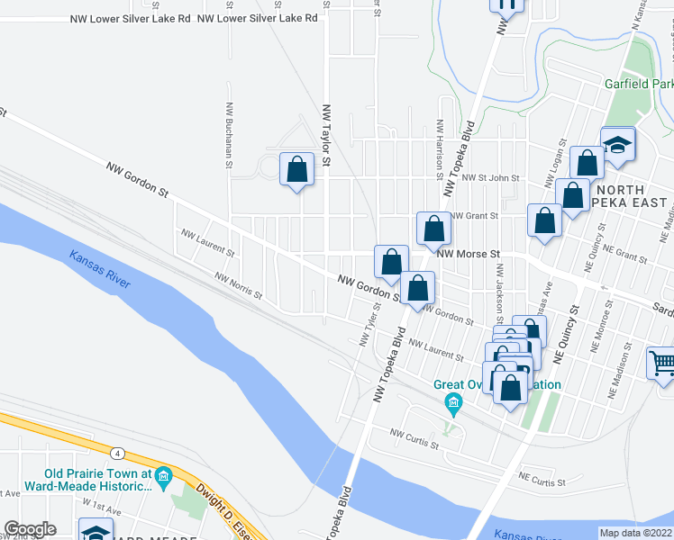 map of restaurants, bars, coffee shops, grocery stores, and more near 1023 NW Polk St in Topeka
