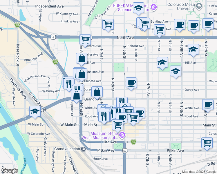 map of restaurants, bars, coffee shops, grocery stores, and more near 338 Ouray Avenue in Grand Junction