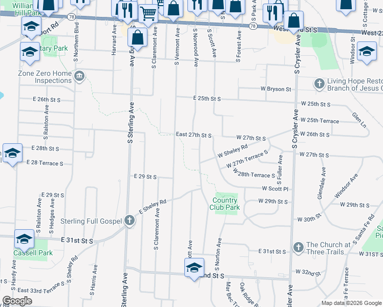 map of restaurants, bars, coffee shops, grocery stores, and more near 11418 East 27th Terrace South in Independence