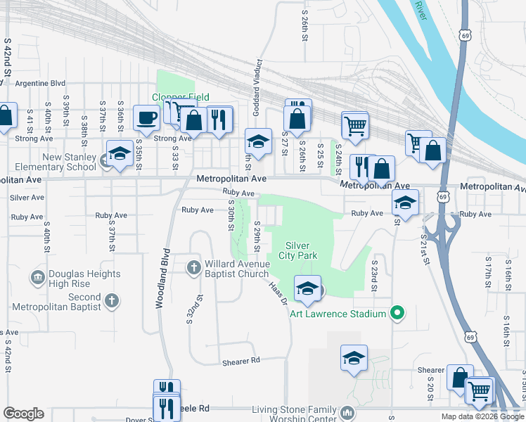 map of restaurants, bars, coffee shops, grocery stores, and more near 1532 South 29th Street in Kansas City