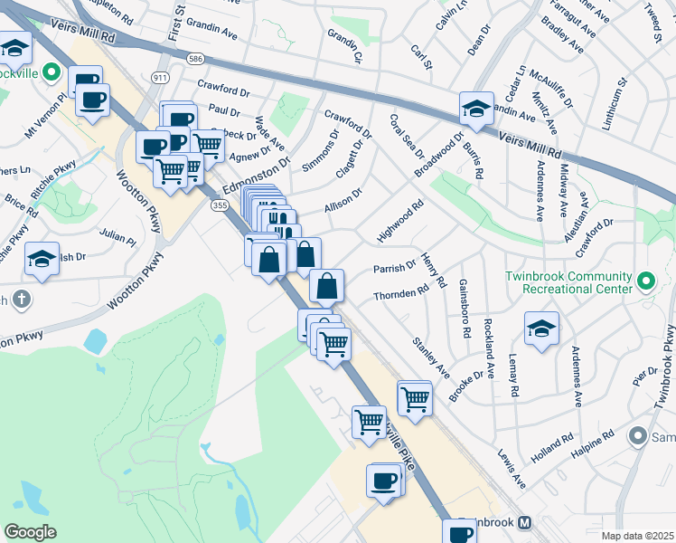 map of restaurants, bars, coffee shops, grocery stores, and more near 1103 Highwood Road in Rockville