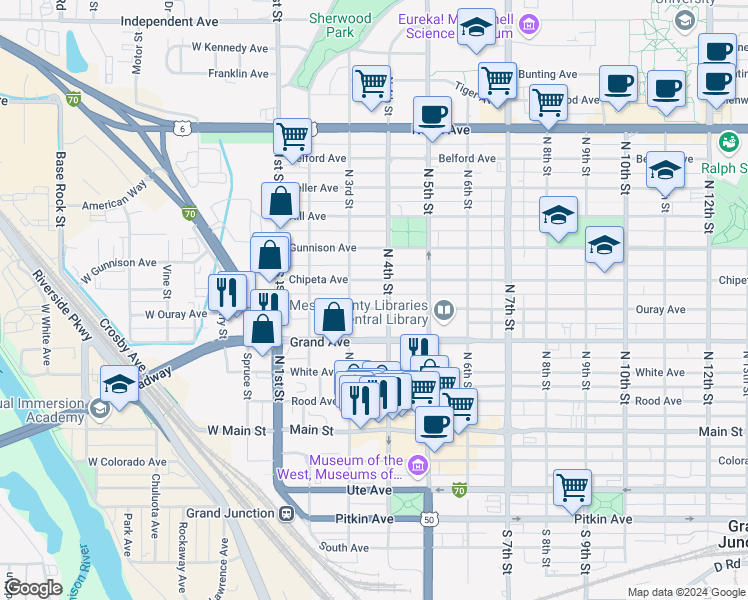 map of restaurants, bars, coffee shops, grocery stores, and more near 338 Ouray Avenue in Grand Junction