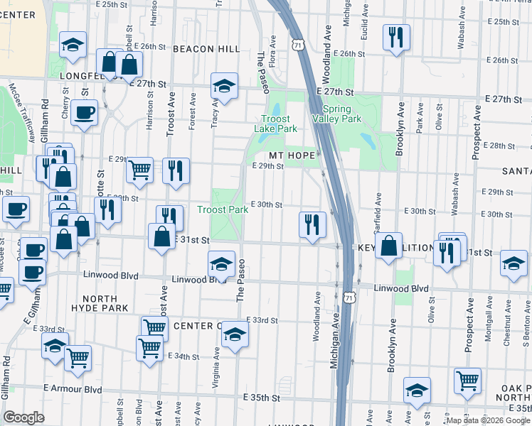map of restaurants, bars, coffee shops, grocery stores, and more near 3000 Flora Avenue in Kansas City