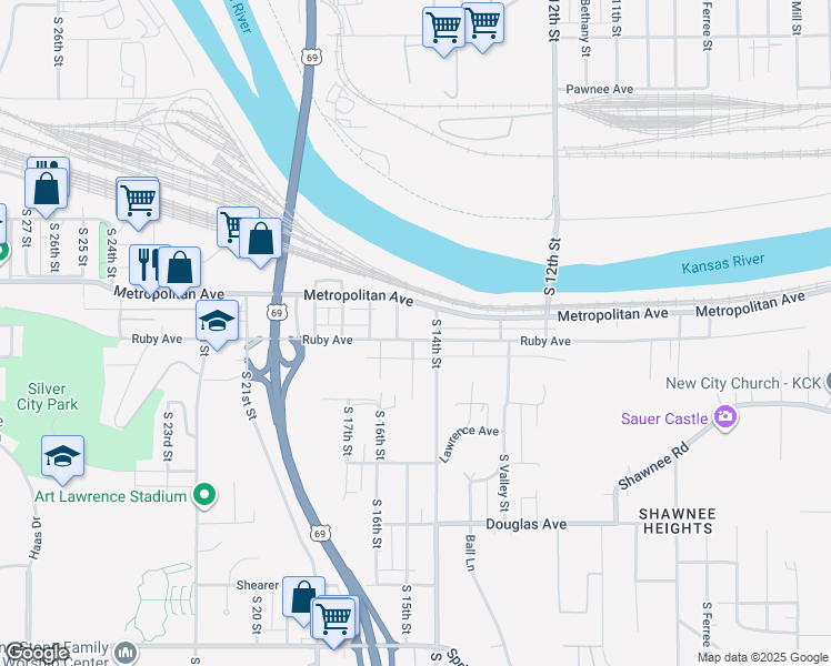 map of restaurants, bars, coffee shops, grocery stores, and more near 1521 South 15th Street in Kansas City