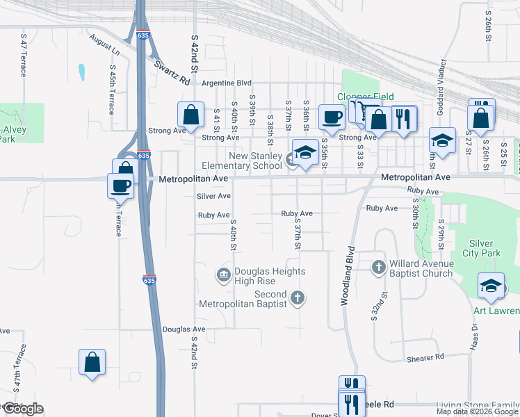 map of restaurants, bars, coffee shops, grocery stores, and more near 3801 Silver Avenue in Kansas City