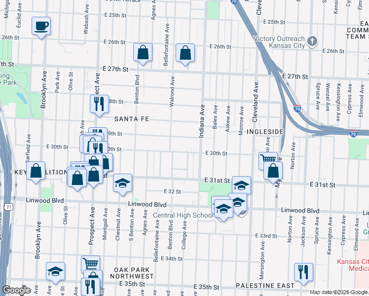 map of restaurants, bars, coffee shops, grocery stores, and more near 3225 East 29th Street in Kansas City