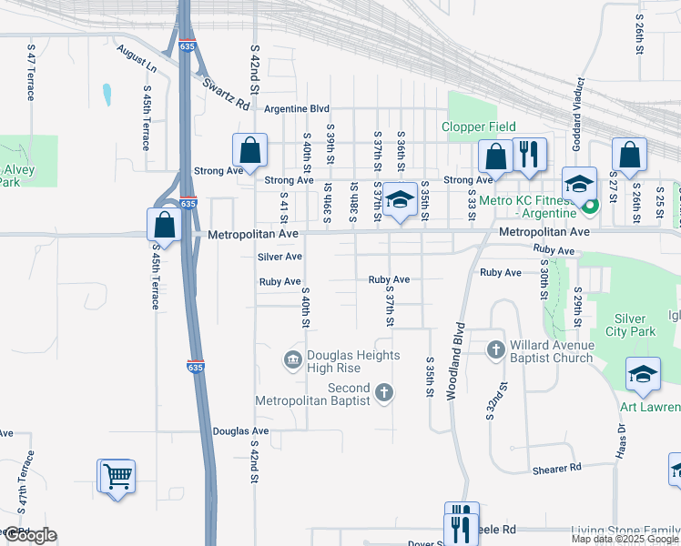 map of restaurants, bars, coffee shops, grocery stores, and more near 3801 Silver Avenue in Kansas City