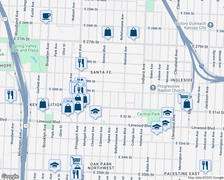 map of restaurants, bars, coffee shops, grocery stores, and more near 2926 East 30th Street in Kansas City