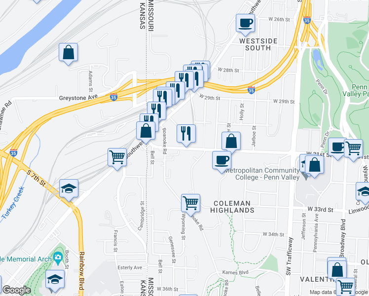 map of restaurants, bars, coffee shops, grocery stores, and more near 1602 W 31st St in Kansas City