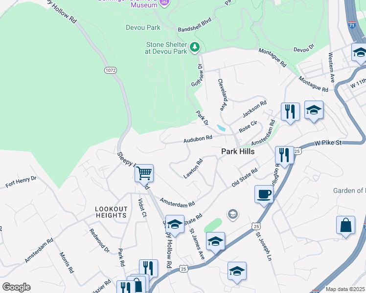 map of restaurants, bars, coffee shops, grocery stores, and more near 1203 Audubon Road in Park Hills