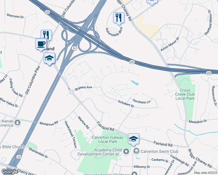 map of restaurants, bars, coffee shops, grocery stores, and more near 3 Musicmaster Court in Silver Spring