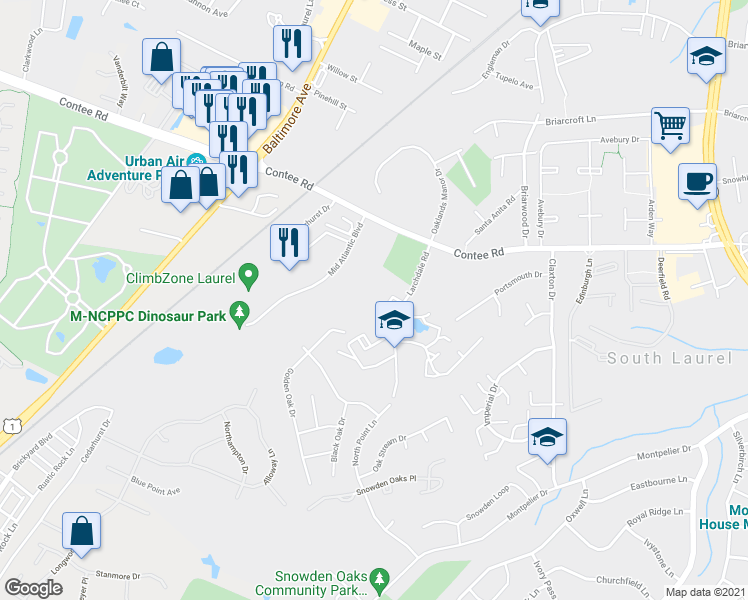 map of restaurants, bars, coffee shops, grocery stores, and more near 13200 Larchdale Rd in South Laurel