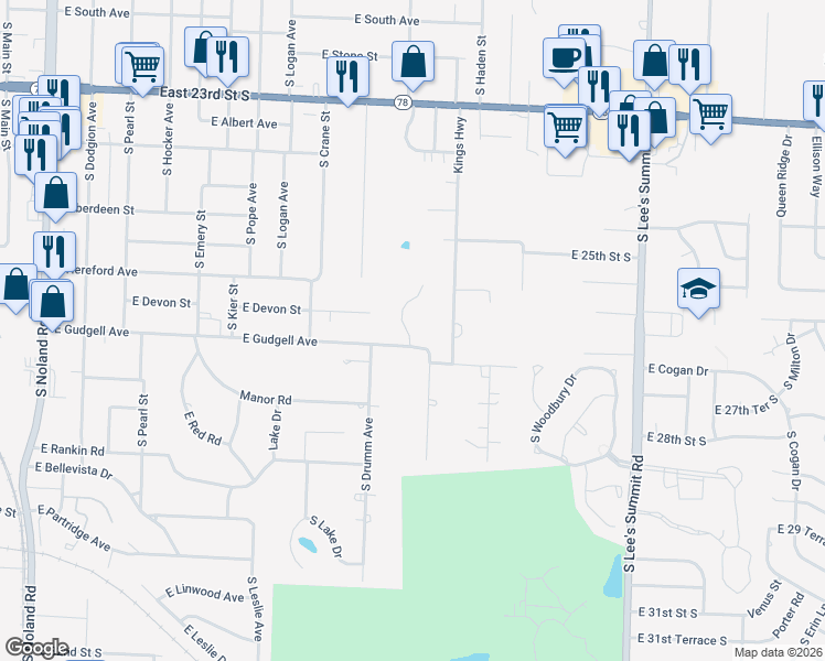 map of restaurants, bars, coffee shops, grocery stores, and more near 1605 South Pollard Avenue in Independence