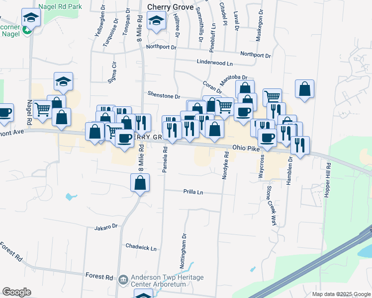 map of restaurants, bars, coffee shops, grocery stores, and more near 8517 Ohio 125 in Cincinnati